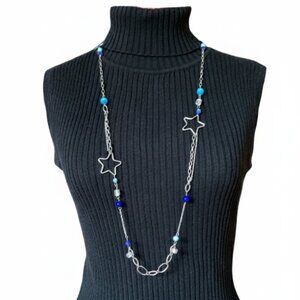 CREATION - Stars - Long necklace ribbon beads chains - Blue aqua